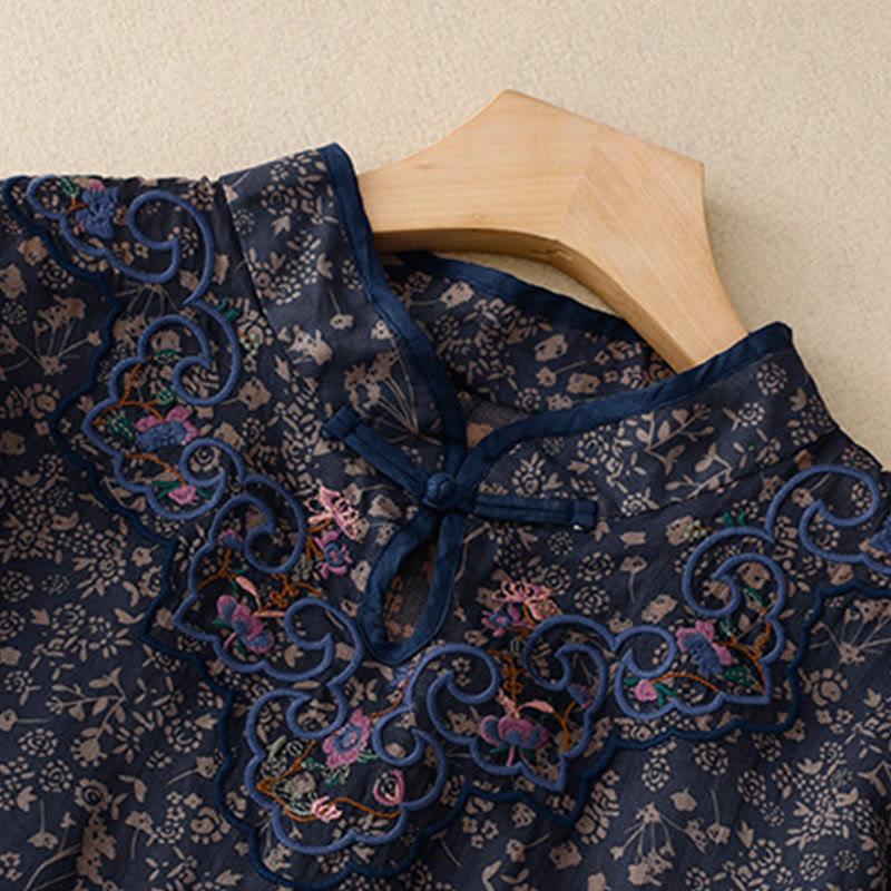 Buddha Stones Retro Embroidery Frog-Button Cotton Linen Cheongsam Midi Dress With Pockets - image 14