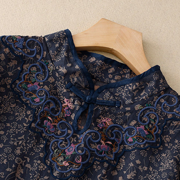 Buddha Stones Retro Embroidery Frog-Button Cotton Linen Cheongsam Midi Dress With Pockets - image 14
