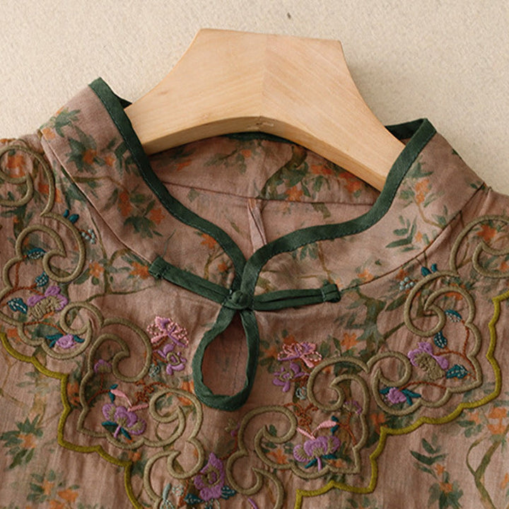 Buddha Stones Retro Embroidery Frog-Button Cotton Linen Cheongsam Midi Dress With Pockets - image 3