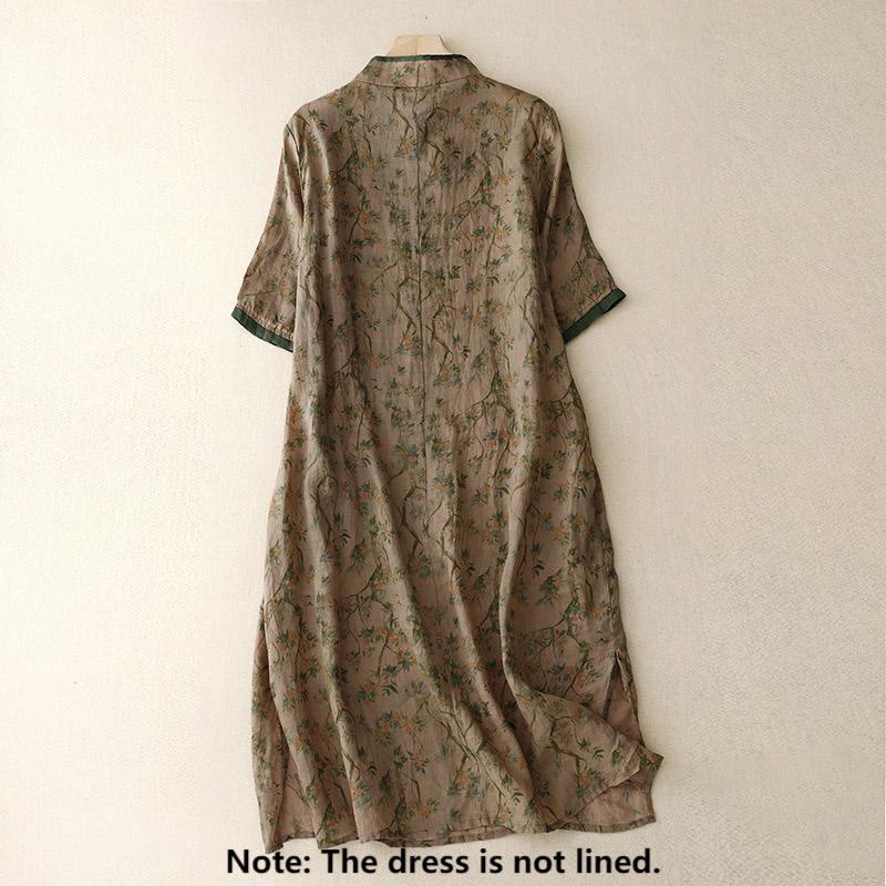 Buddha Stones Retro Embroidery Frog-Button Cotton Linen Cheongsam Midi Dress With Pockets - image 2