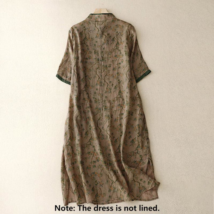 Buddha Stones Retro Embroidery Frog-Button Cotton Linen Cheongsam Midi Dress With Pockets - image 2