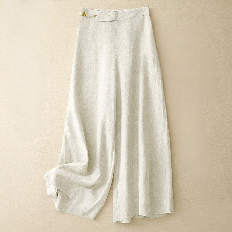 Buddha Stones Plain Color Frog-Button Cotton Linen Women's Wide Leg Pants With Pockets - OldLace - US12，UK/AU16，EU44 (2XL) - image 15