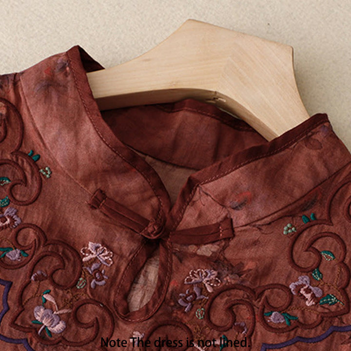 Buddha Stones Retro Embroidery Frog-Button Cotton Linen Cheongsam Midi Dress With Pockets - image 9