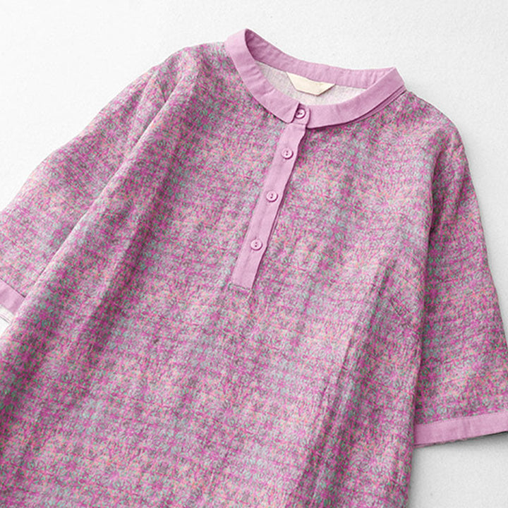Buddha Stones Commute Printing Floral Pattern Short Sleeve Cotton Linen Midi Dress With Pockets - image 3