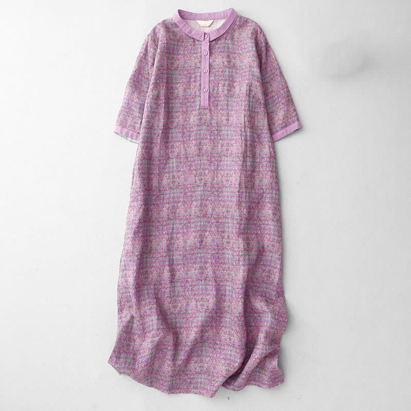 Buddha Stones Commute Printing Floral Pattern Short Sleeve Cotton Linen Midi Dress With Pockets - Orchid - US8-10，UK/AU12-14，EU40-42 (2XL) - image 1