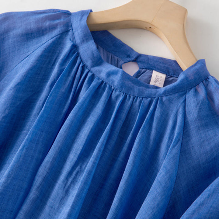 Buddha Stones Plain Drawstring Three Quarter Puff Sleeve Cotton Linen Midi Dress With Pockets - image 4