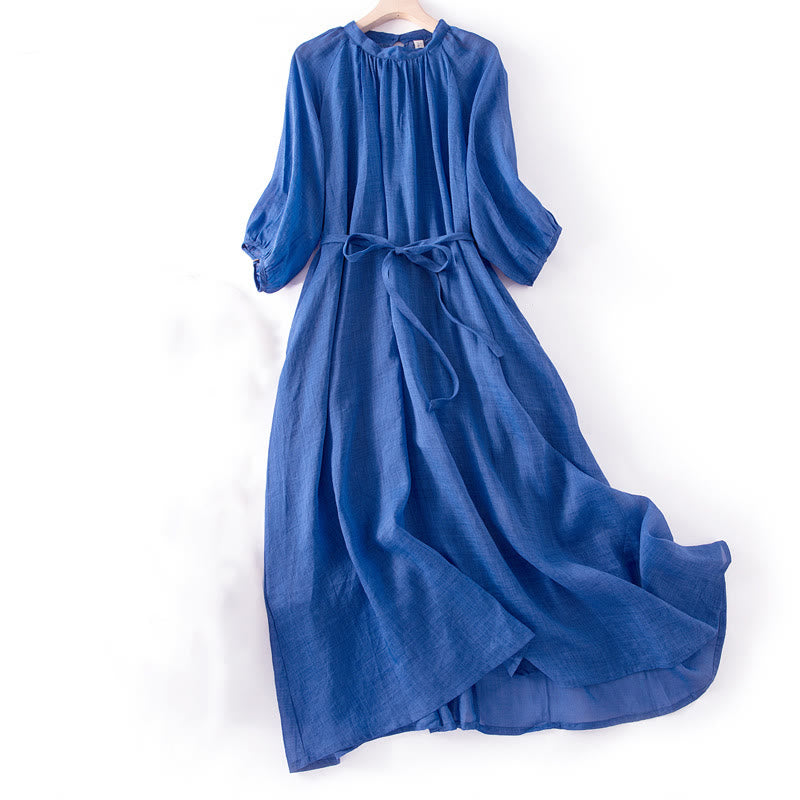 Buddha Stones Plain Drawstring Three Quarter Puff Sleeve Cotton Linen Midi Dress With Pockets - Blue - US12，UK/AU16，EU44 (XL) - image 1