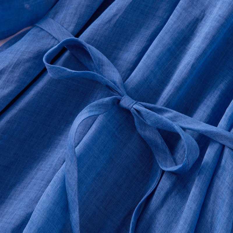 Buddha Stones Plain Drawstring Three Quarter Puff Sleeve Cotton Linen Midi Dress With Pockets - image 9