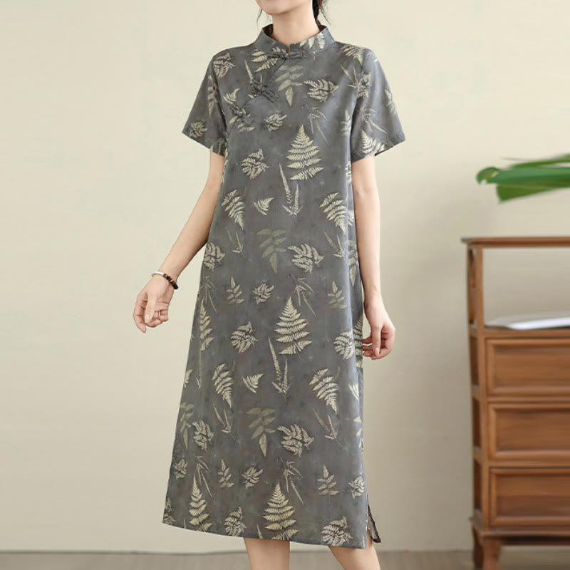 Buddha Stones Retro DarkGray Chinese Frog-Button Cotton Cheongsam Midi Dress With Pockets - image 6