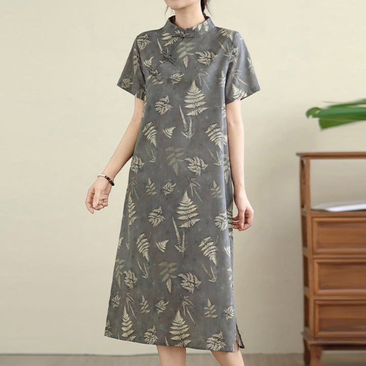 Buddha Stones Retro DarkGray Chinese Frog-Button Cotton Cheongsam Midi Dress With Pockets - image 6