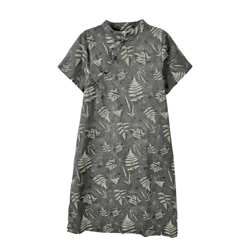 Buddha Stones Retro DarkGray Chinese Frog-Button Cotton Cheongsam Midi Dress With Pockets - image 13