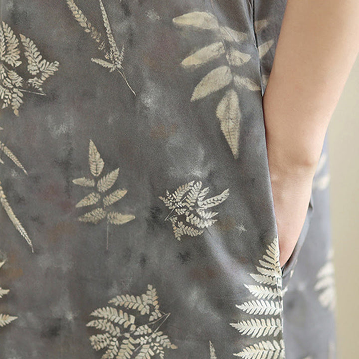 Buddha Stones Retro DarkGray Chinese Frog-Button Cotton Cheongsam Midi Dress With Pockets - image 10