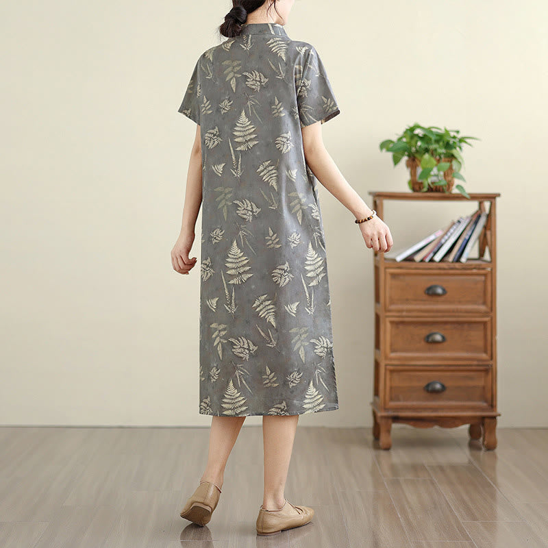 Buddha Stones Retro DarkGray Chinese Frog-Button Cotton Cheongsam Midi Dress With Pockets - image 5