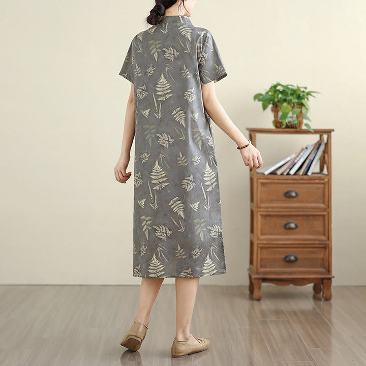 Buddha Stones Retro DarkGray Chinese Frog-Button Cotton Cheongsam Midi Dress With Pockets - image 5