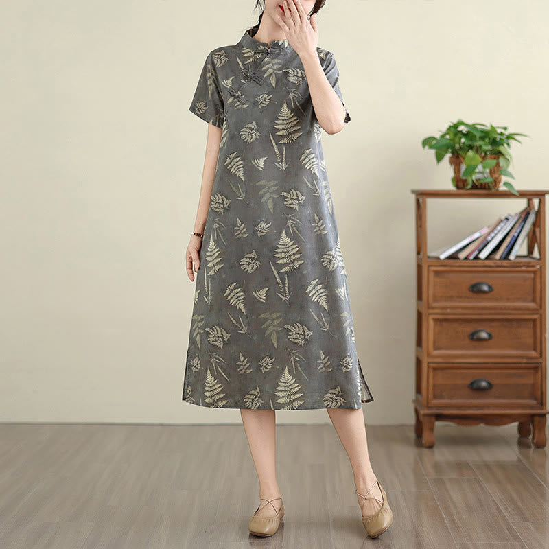 Buddha Stones Retro DarkGray Chinese Frog-Button Cotton Cheongsam Midi Dress With Pockets - image 4