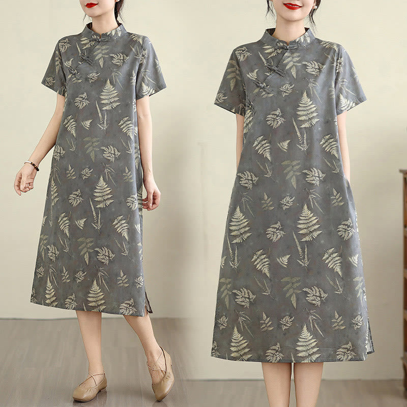 Buddha Stones Retro DarkGray Chinese Frog-Button Cotton Cheongsam Midi Dress With Pockets - image 7