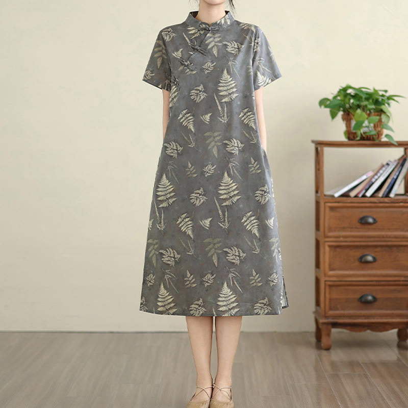 Buddha Stones Retro DarkGray Chinese Frog-Button Cotton Cheongsam Midi Dress With Pockets - image 3