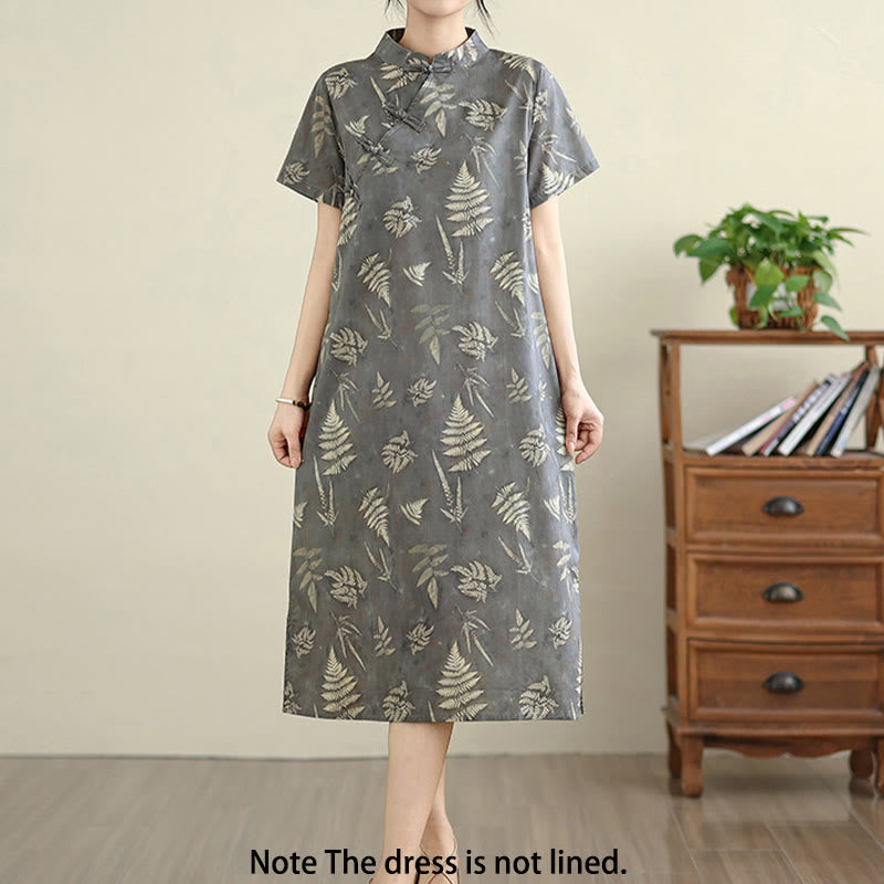 Buddha Stones Retro DarkGray Chinese Frog-Button Cotton Cheongsam Midi Dress With Pockets - image 2