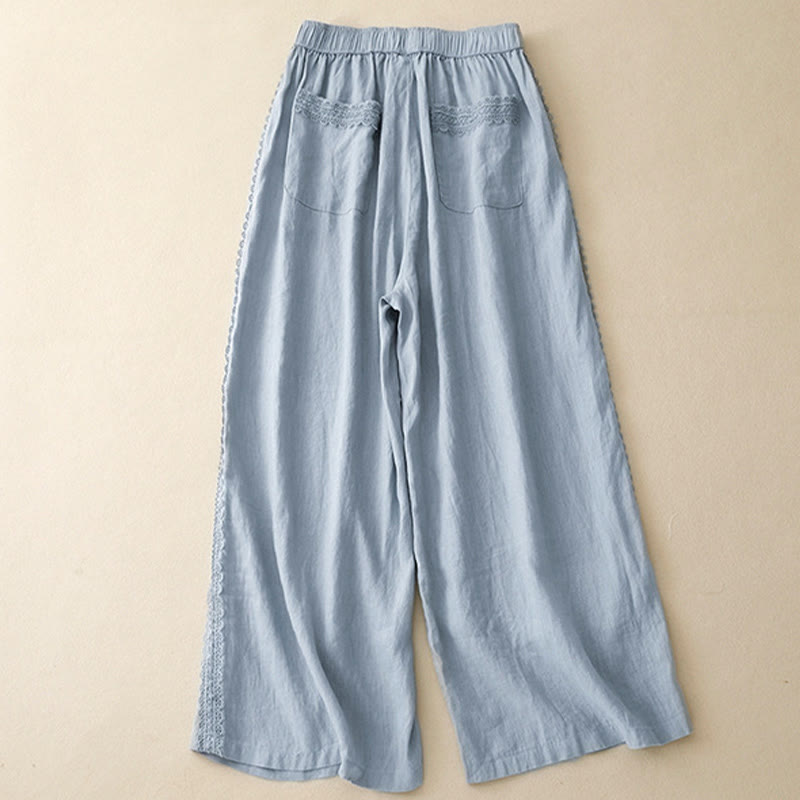 Buddha Stones Plain Color Lace Stitching Cotton Linen Women's Wide Leg Pants With Pockets - image 2