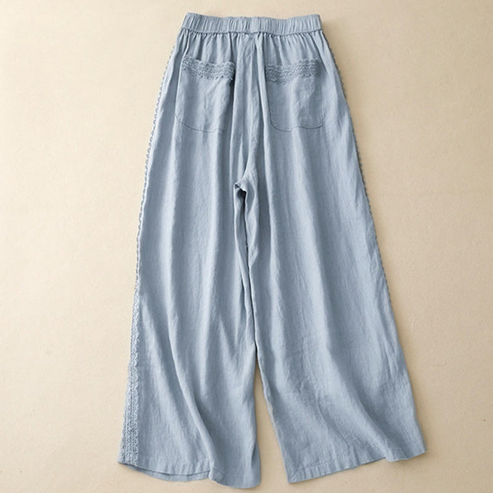 Buddha Stones Plain Color Lace Stitching Cotton Linen Women's Wide Leg Pants With Pockets - image 2