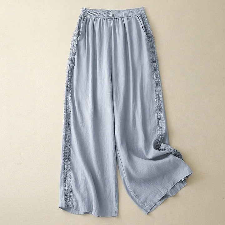 Buddha Stones Plain Color Lace Stitching Cotton Linen Women's Wide Leg Pants With Pockets - LightSkyBlue - US8-10，UK/AU12-14，EU40-42 (2XL) - image 1
