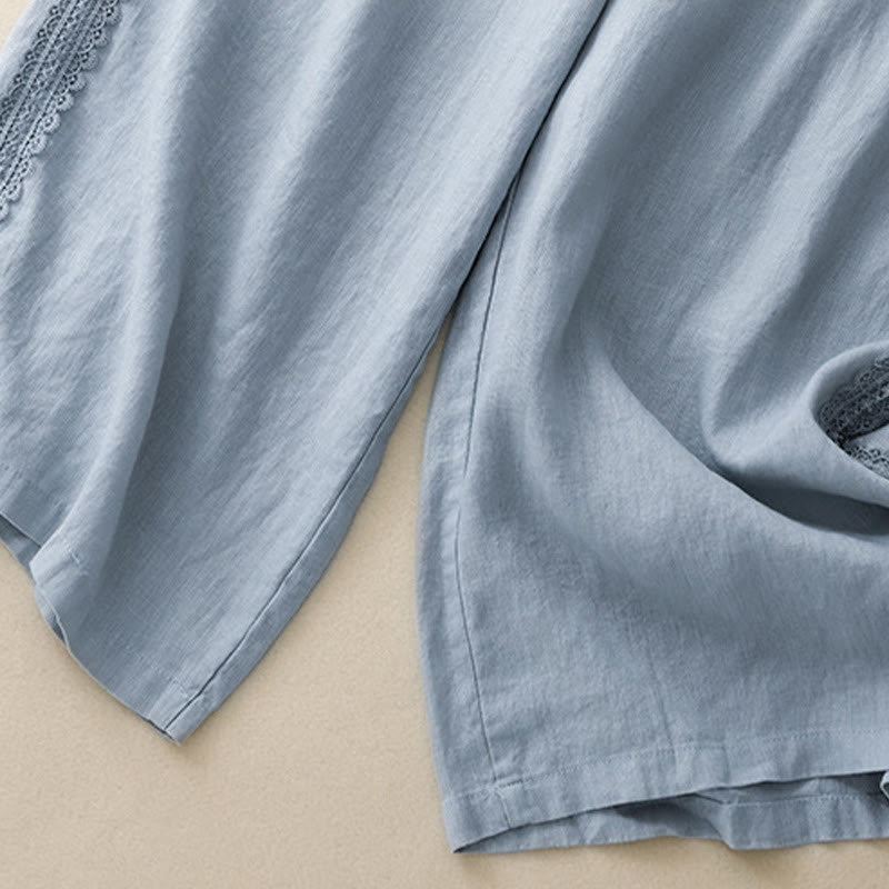 Buddha Stones Plain Color Lace Stitching Cotton Linen Women's Wide Leg Pants With Pockets - image 3