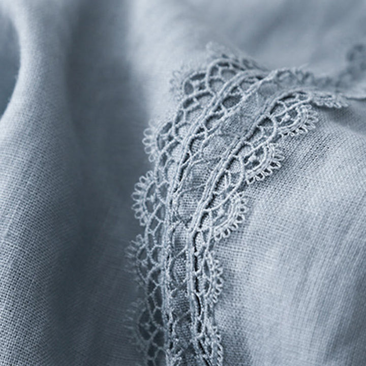 Buddha Stones Plain Color Lace Stitching Cotton Linen Women's Wide Leg Pants With Pockets - image 4