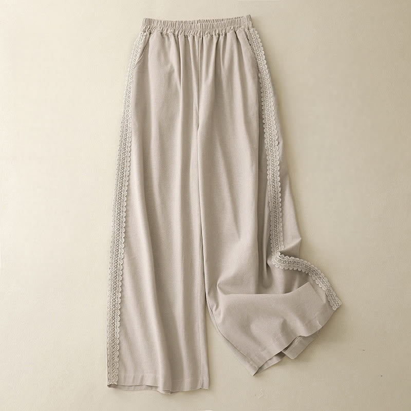 Buddha Stones Plain Color Lace Stitching Cotton Linen Women's Wide Leg Pants With Pockets - Beige - US8-10，UK/AU12-14，EU40-42 (2XL) - image 9