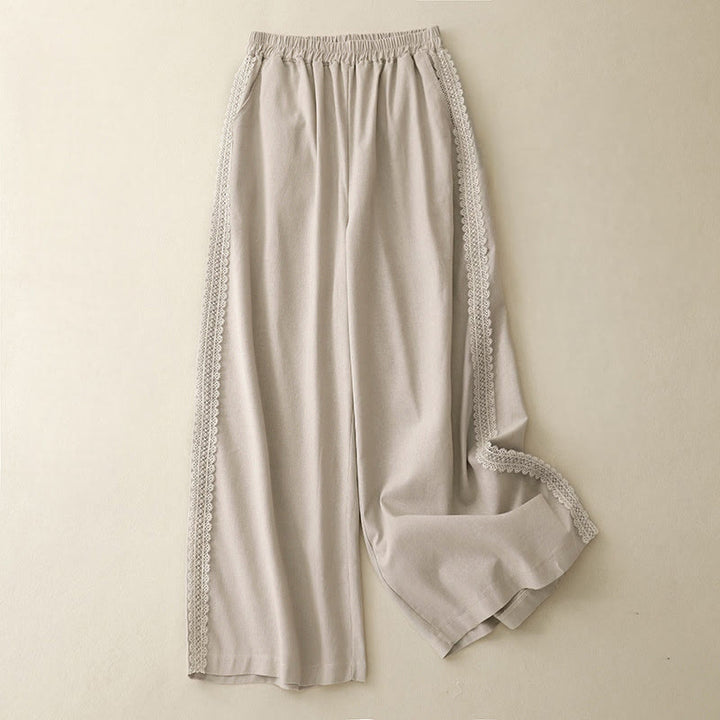 Buddha Stones Plain Color Lace Stitching Cotton Linen Women's Wide Leg Pants With Pockets - Beige - US8-10，UK/AU12-14，EU40-42 (2XL) - image 9