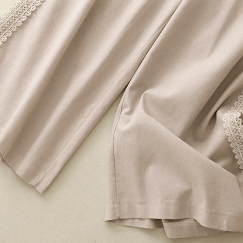 Buddha Stones Plain Color Lace Stitching Cotton Linen Women's Wide Leg Pants With Pockets - image 10