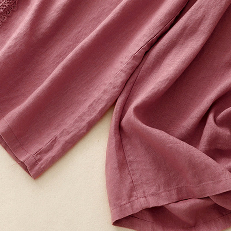 Buddha Stones Plain Color Lace Stitching Cotton Linen Women's Wide Leg Pants With Pockets - image 15