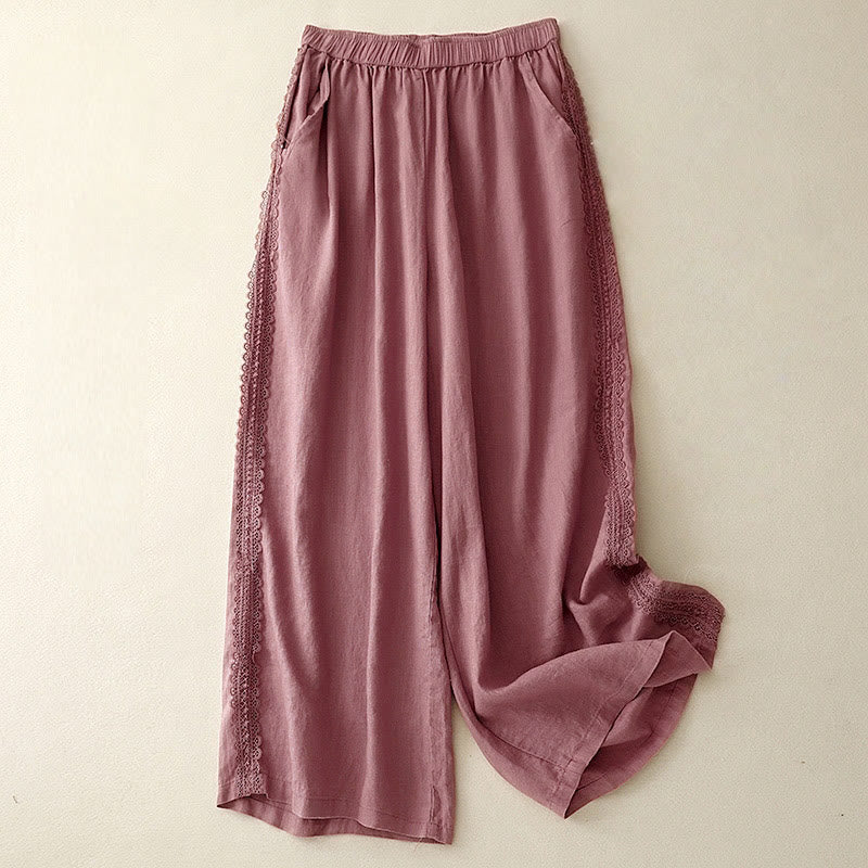 Buddha Stones Plain Color Lace Stitching Cotton Linen Women's Wide Leg Pants With Pockets - PaleVioletRed - US8-10，UK/AU12-14，EU40-42 (2XL) - image 14