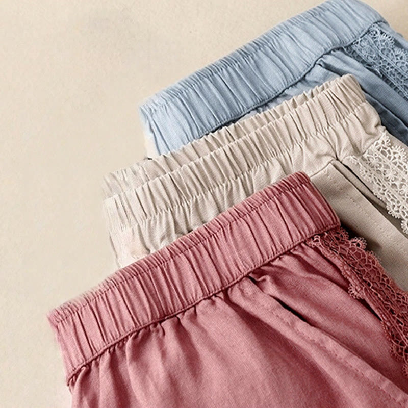 Buddha Stones Plain Color Lace Stitching Cotton Linen Women's Wide Leg Pants With Pockets - image 20