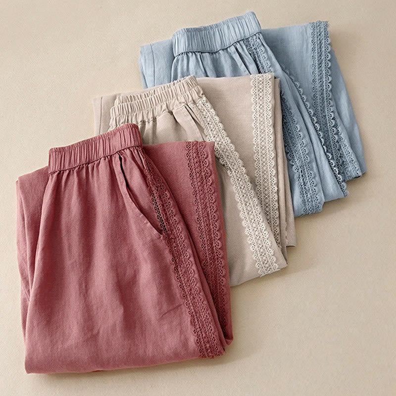 Buddha Stones Plain Color Lace Stitching Cotton Linen Women's Wide Leg Pants With Pockets - image 19