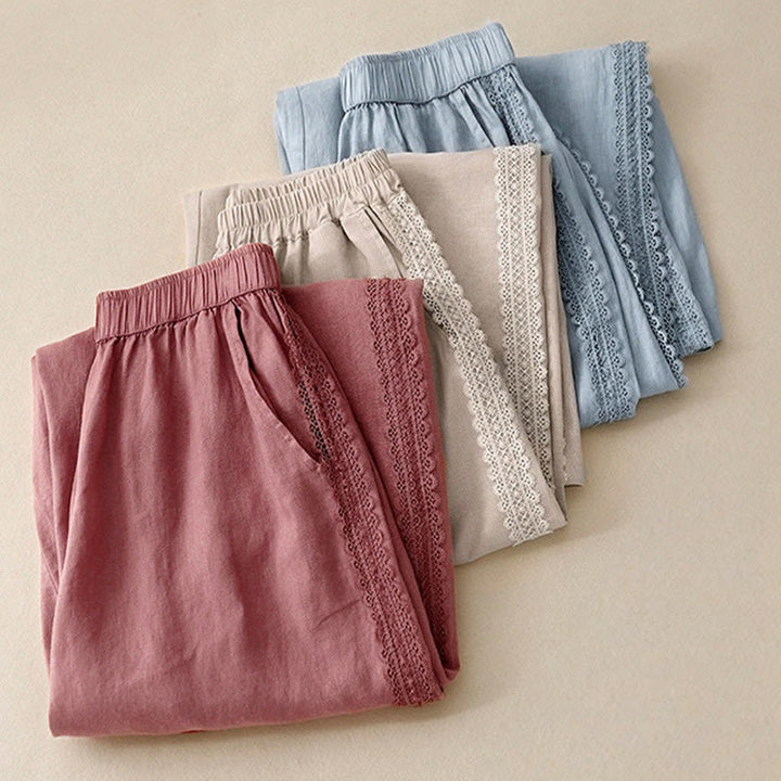 Buddha Stones Plain Color Lace Stitching Cotton Linen Women's Wide Leg Pants With Pockets - image 19