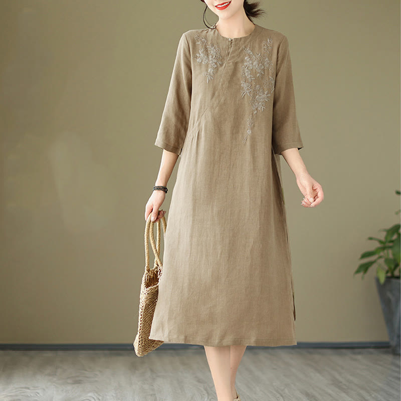 Buddha Stones Vintage Embroidery Three Quarter Sleeve Cotton Linen Midi Dress With Pockets - DarkKhaki - US8-10，UK/AU12-14，EU40-42 (2XL) - image 0