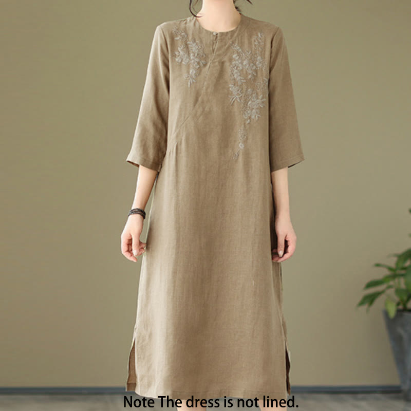 Buddha Stones Vintage Embroidery Three Quarter Sleeve Midi Dress With Pockets - image 1