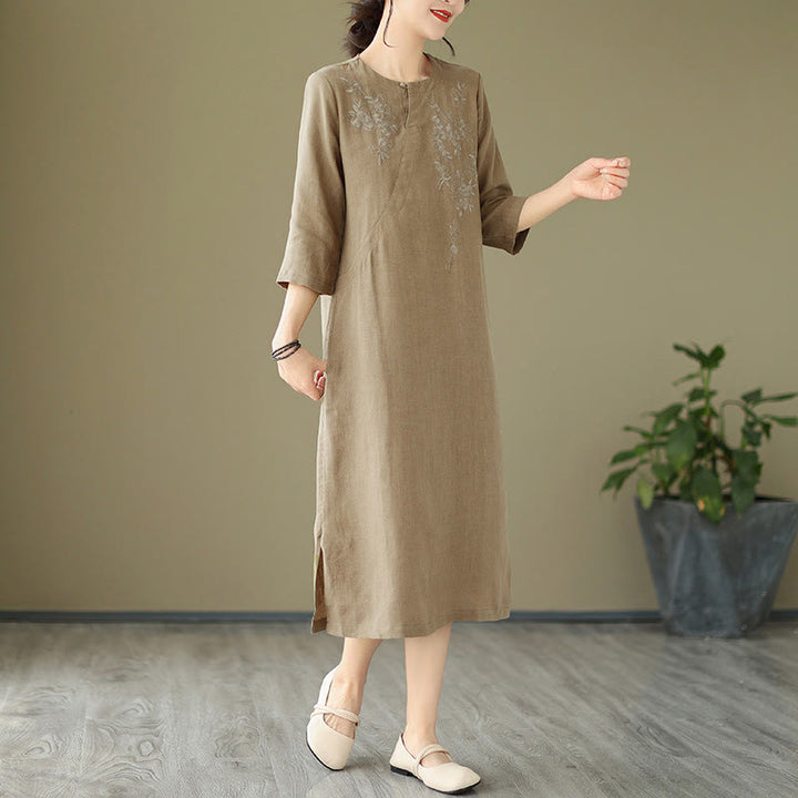 Buddha Stones Vintage Embroidery Three Quarter Sleeve Cotton Linen Midi Dress With Pockets - image 5