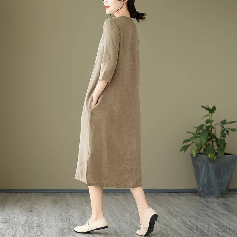 Buddha Stones Vintage Embroidery Three Quarter Sleeve Midi Dress With Pockets - image 3