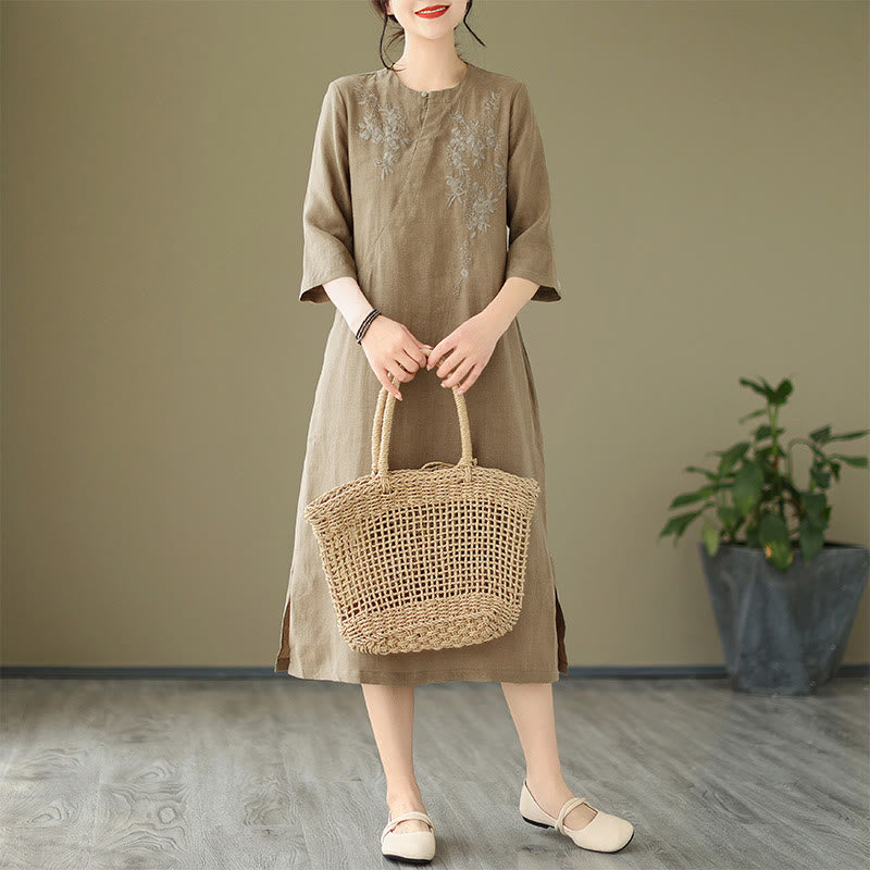 Buddha Stones Vintage Embroidery Three Quarter Sleeve Cotton Linen Midi Dress With Pockets - image 4