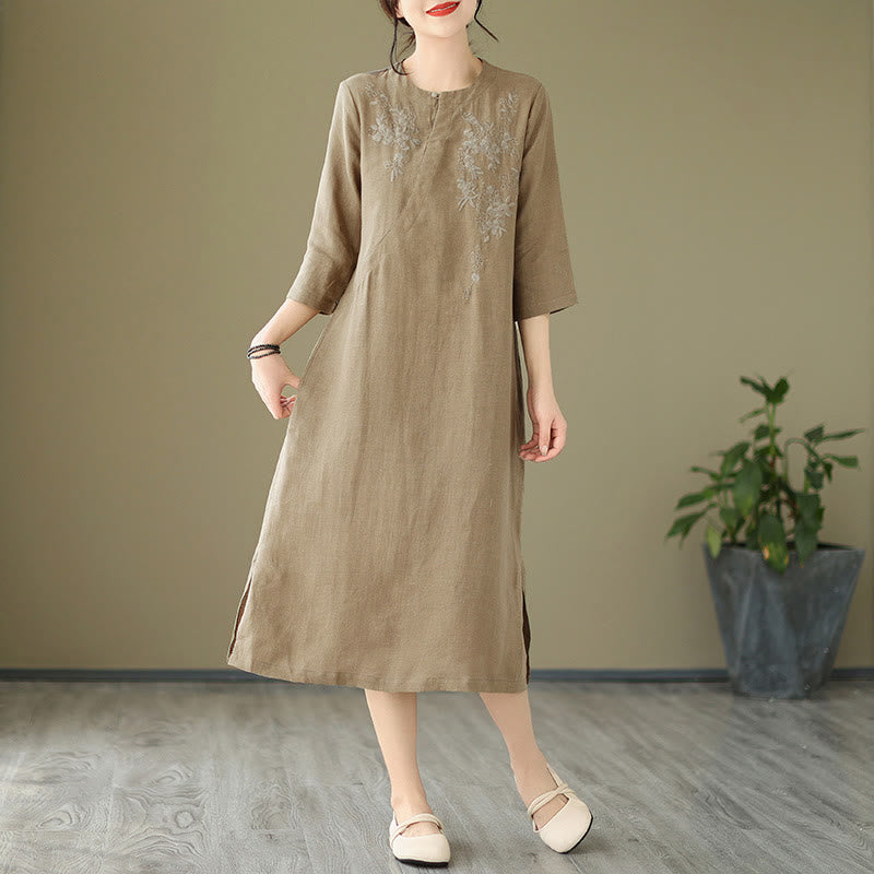 Buddha Stones Vintage Embroidery Three Quarter Sleeve Cotton Linen Midi Dress With Pockets - image 3