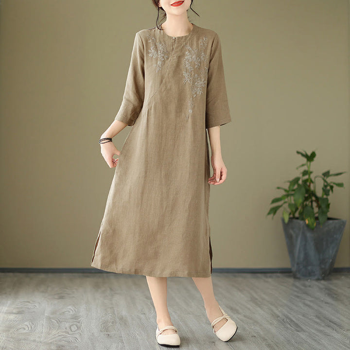 Buddha Stones Vintage Embroidery Three Quarter Sleeve Cotton Linen Midi Dress With Pockets - image 3