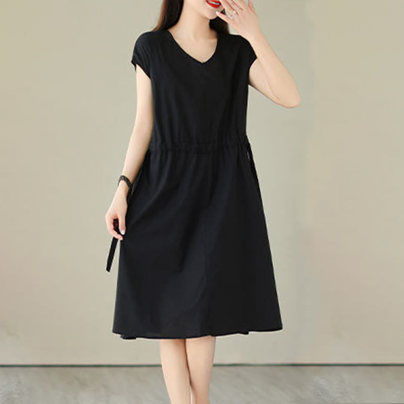 Buddha Stones Casual Pure Color Lace-Up Short Sleeve Cotton Linen Midi Dress With Pockets - image 20