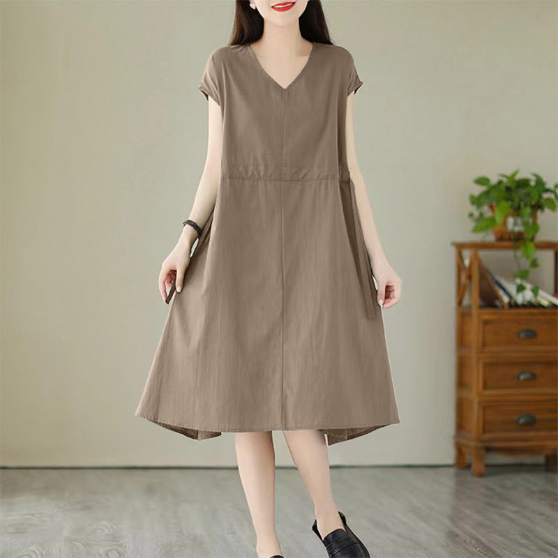 Buddha Stones Pure Color Lace-Up Short Sleeve Cotton Linen Midi Dress With Pockets - DarkKhaki - US12，UK/AU16，EU44 (3XL) - image 13