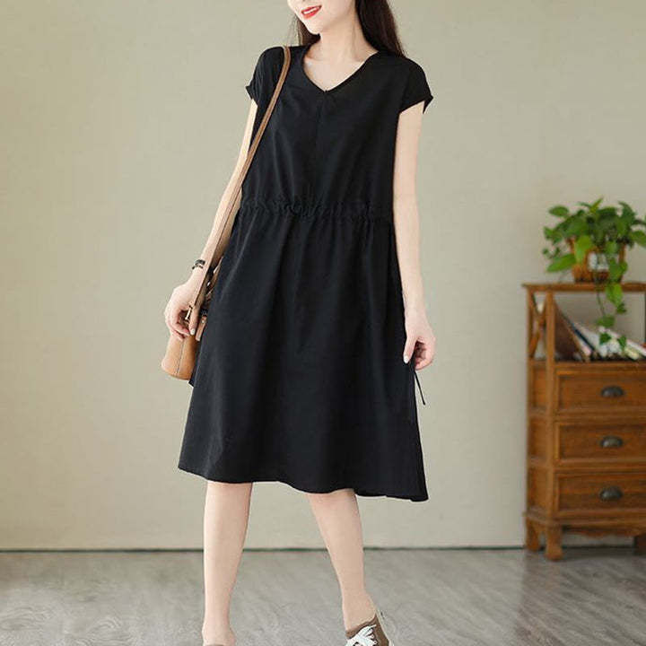 Buddha Stones Casual Pure Color Lace-Up Short Sleeve Cotton Linen Midi Dress With Pockets - image 22