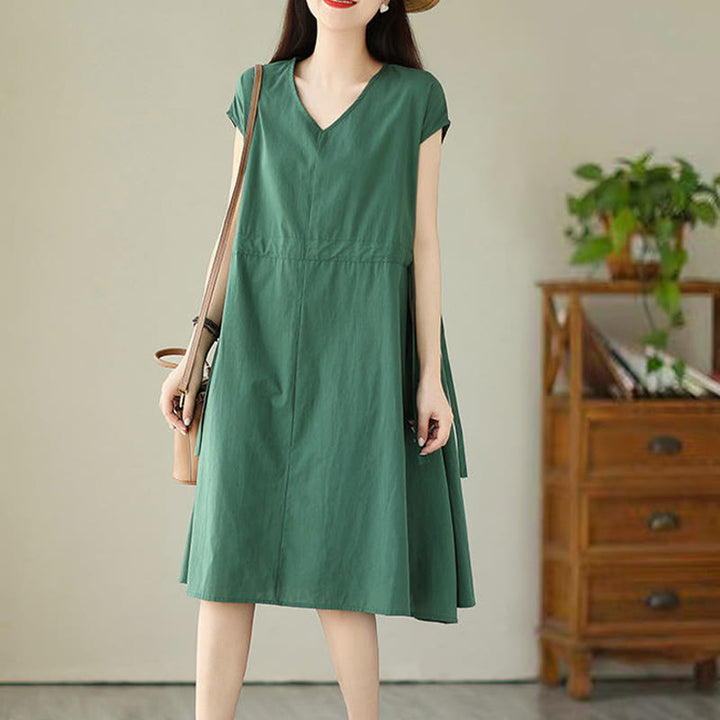 Buddha Stones Casual Pure Color Lace-Up Short Sleeve Cotton Linen Midi Dress With Pockets - image 5