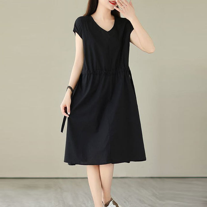 Buddha Stones Pure Color Lace-Up Short Sleeve Cotton Linen Midi Dress With Pockets - image 22