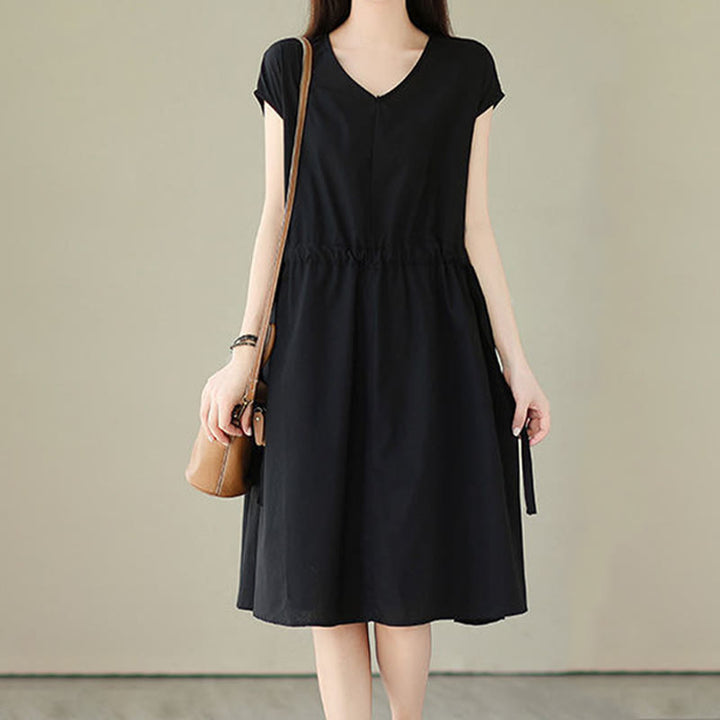 Buddha Stones Casual Pure Color Lace-Up Short Sleeve Cotton Linen Midi Dress With Pockets - image 21