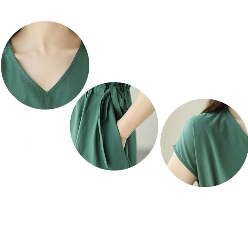 Buddha Stones Casual Pure Color Lace-Up Short Sleeve Cotton Linen Midi Dress With Pockets - image 13