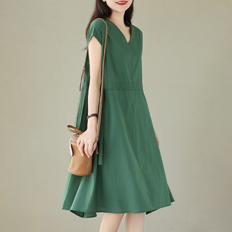 Buddha Stones Casual Pure Color Lace-Up Short Sleeve Cotton Linen Midi Dress With Pockets - image 3